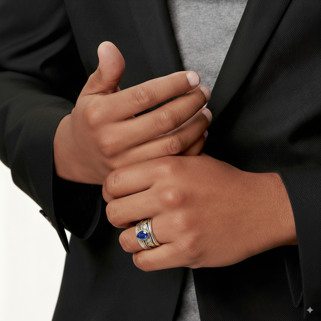 BAGUE ARTISANALE EN ARGENT AVEC PIERRE BLEUE ET DÉTAILS DORÉS