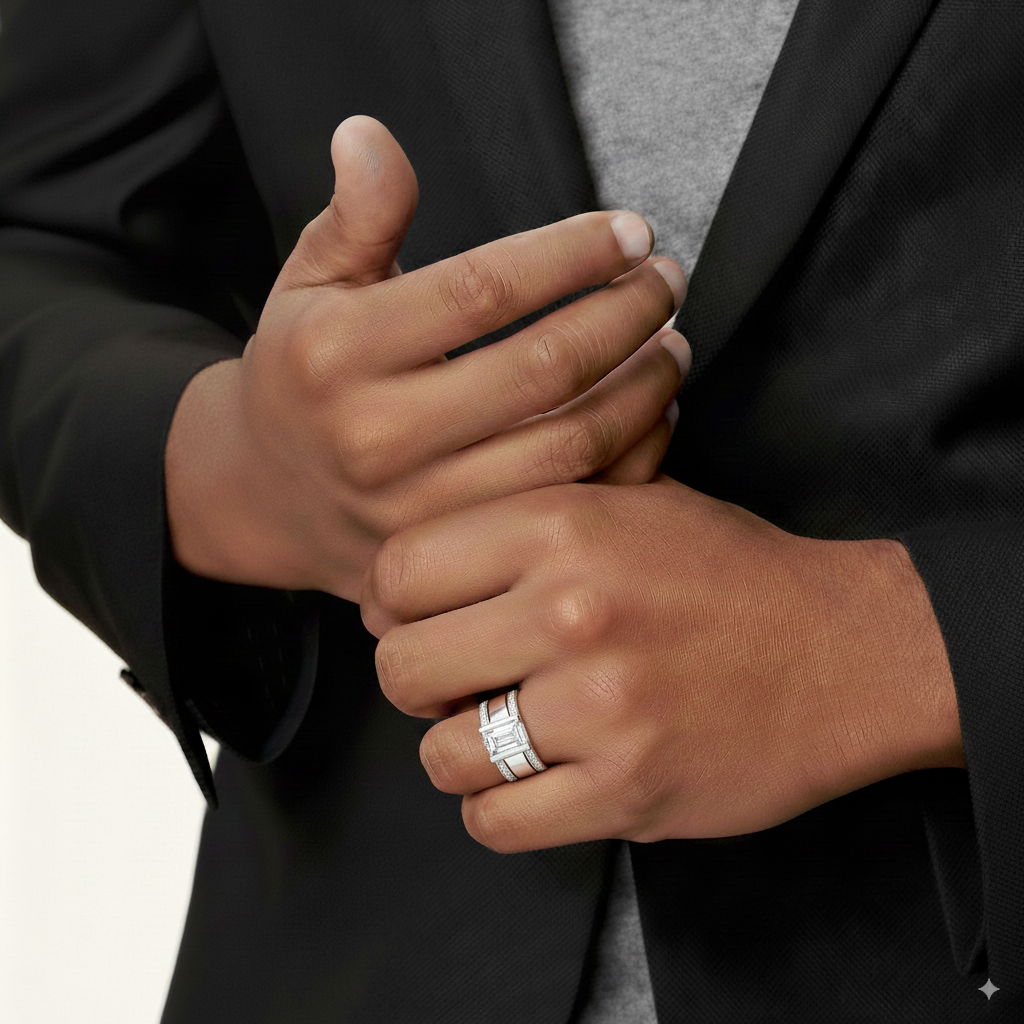 BAGUE EN ARGENT À PIERRE RECTANGULAIRE AVEC RANGÉES DE ZIRCONIUMS
